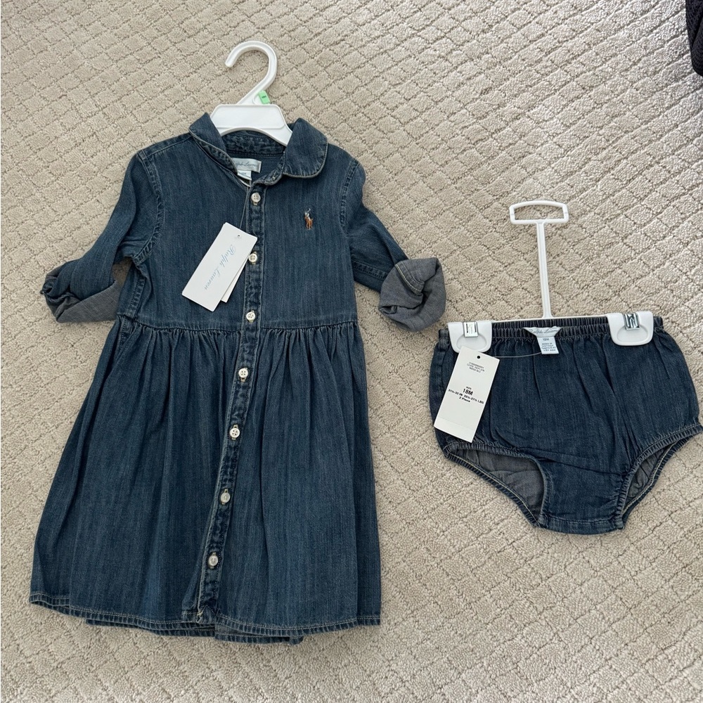 NWT Ralph Lauren Shirred Denim Shirtdress & Bloomer Set